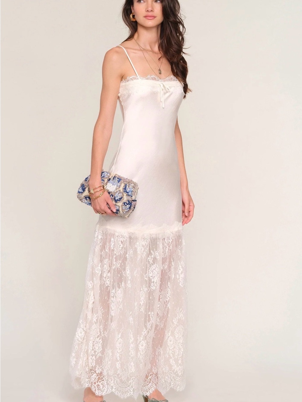 Sheer Lace Hem Satin Slip Dress in Ivory